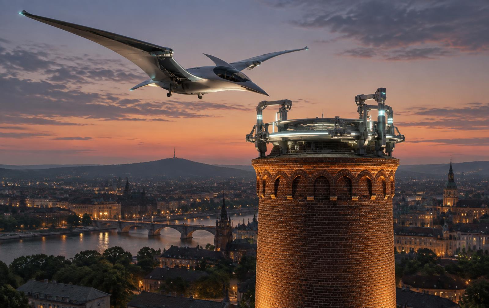The Sky Serpent approaching a docking platform on a repurposed brick chimney