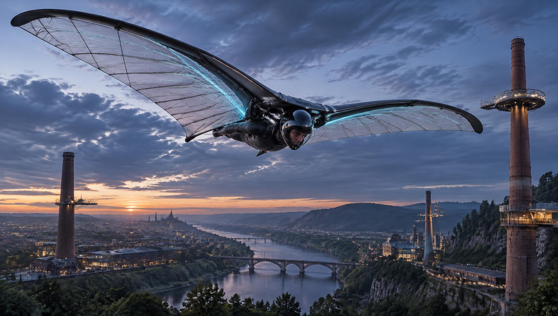 The Sky Serpent, piloted by Daedalus, flying between repurposed chimney nodes at dusk